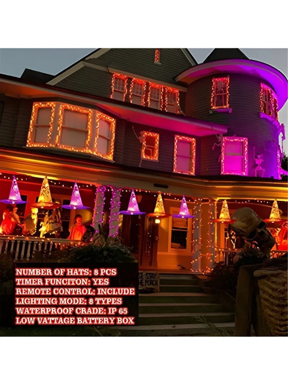 8 Pcs Hanging Witch Hat String Lights, Light Up Waterproof